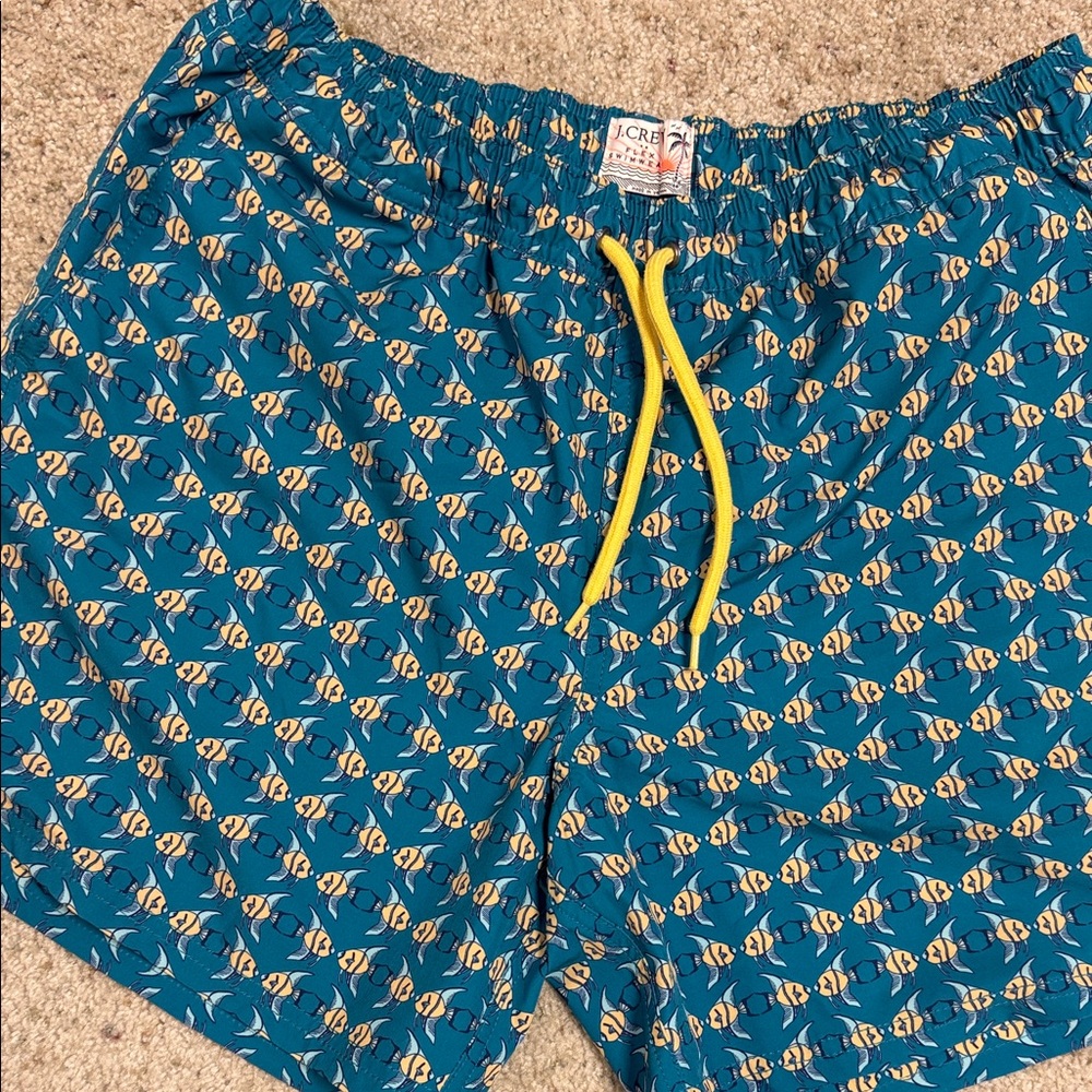 J. Crew Teal Swim Trunks with Yellow Fish Print